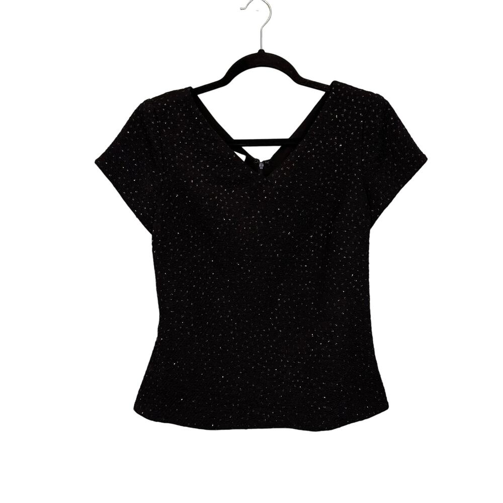 David Warren New York Blouse 8 Casual V-Neck Zip Glittered Cap Sleeve Top Black
